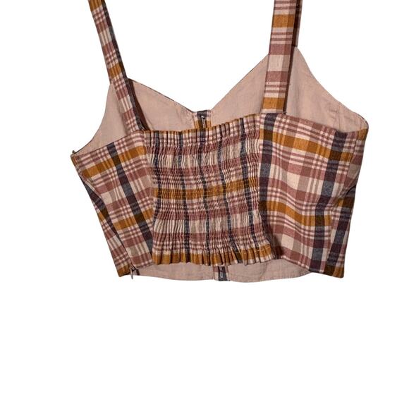 Zara Plaid Size Large Neutral Cropped Smocked Summer Vacation Retro Faux Buttons - Picture 3 of 7